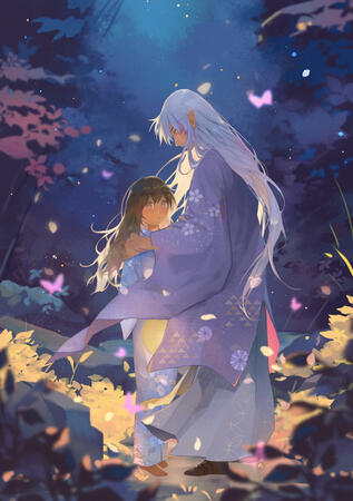 Artwork with moonlit night and a mystery couple